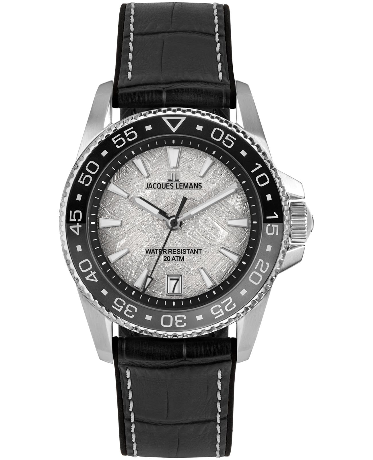 Jacques Lemans Jacques Lemans Liverpool Diver 1-2205E  1-2205E кварцевые мужские часы серебристый циферблат, браслет кожа + силикон — вид спереди