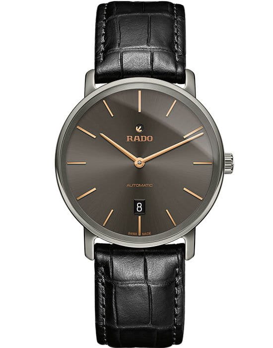 Rado Rado Diamaster Thinline R14067156 Automatic R14067156 механические мужские часы серый циферблат, браслет кожаный — вид спереди
