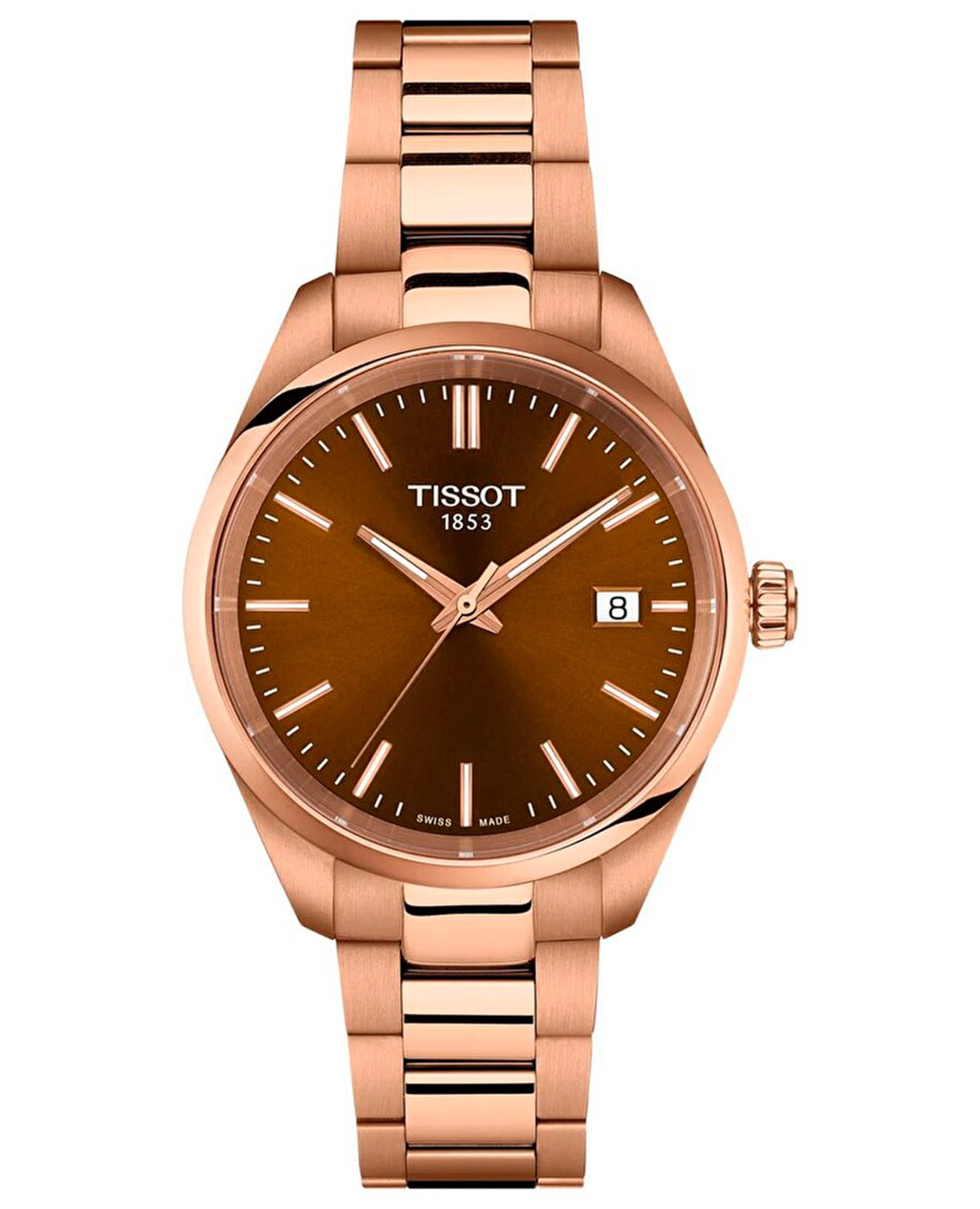 Tissot Tissot T-Classic PR 100 34mm T1502103329100 PR 100 T1502103329100 кварцевые женские часы коричневый циферблат, браслет нержавеющая сталь с pvd-покрытием — вид спереди