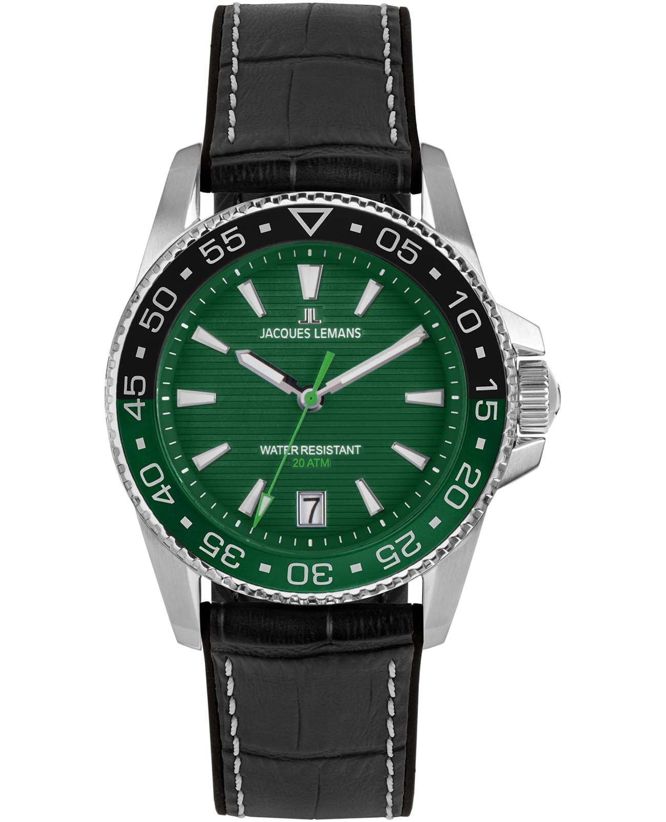 Jacques Lemans Jacques Lemans Liverpool Diver 1-2205C  1-2205C кварцевые мужские часы зеленый циферблат, браслет кожа + силикон — вид спереди