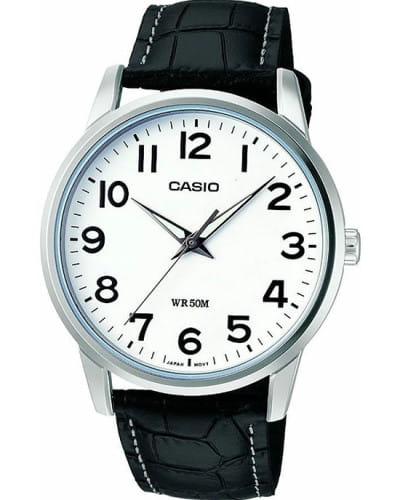Casio Casio MTP-1303PL-7B  MTP-1303PL-7B кварцевые мужские часы белый циферблат, браслет кожаный — вид спереди