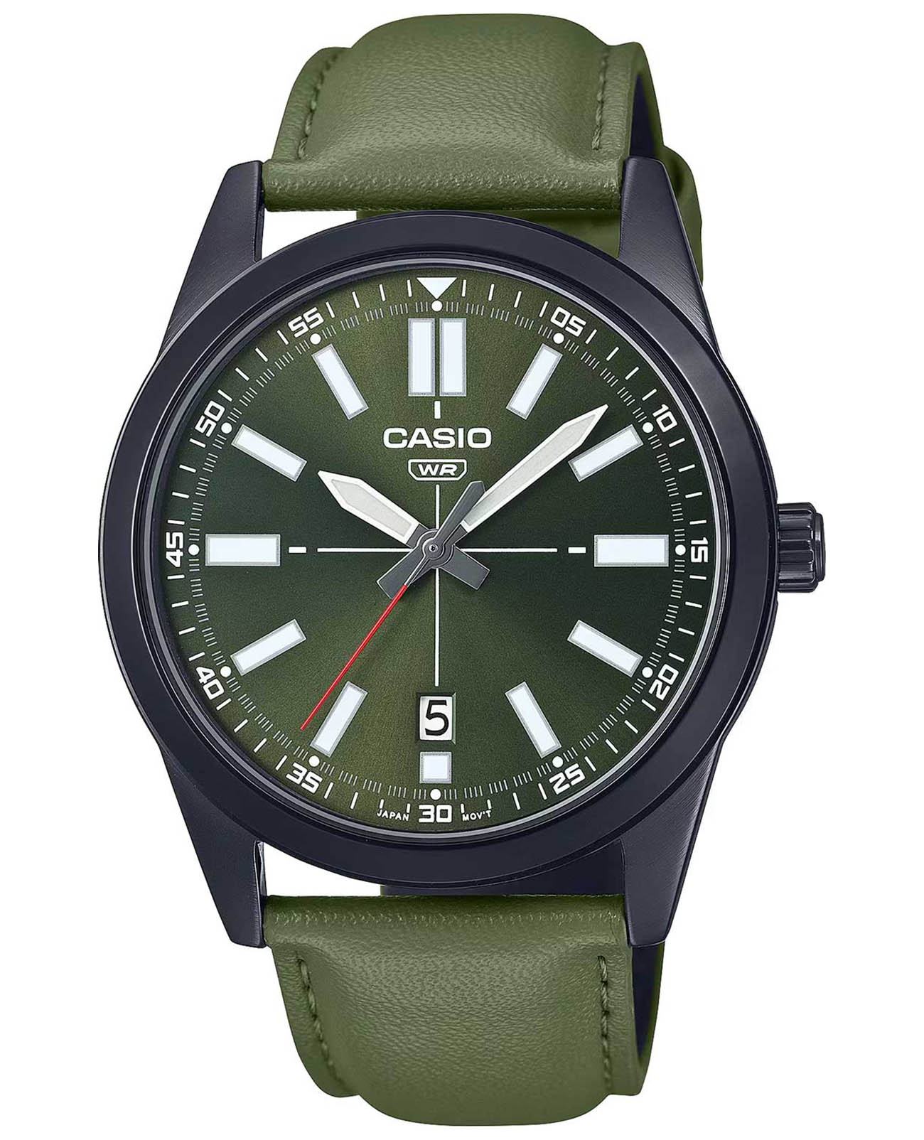 Casio Casio Collection MTP-VD02BL-3E  MTP-VD02BL-3E кварцевые мужские часы зеленый циферблат, браслет кожаный — вид спереди