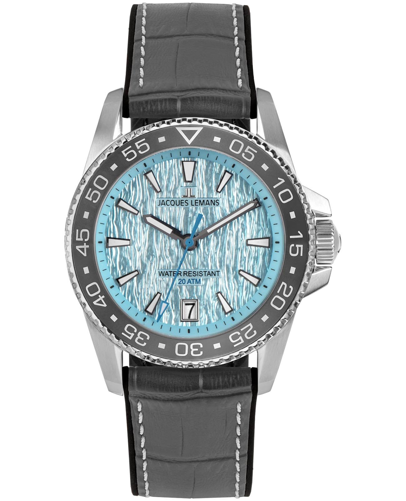 Jacques Lemans Jacques Lemans Liverpool Diver 1-2205F  1-2205F кварцевые мужские часы голубой циферблат, браслет кожа + силикон — вид спереди