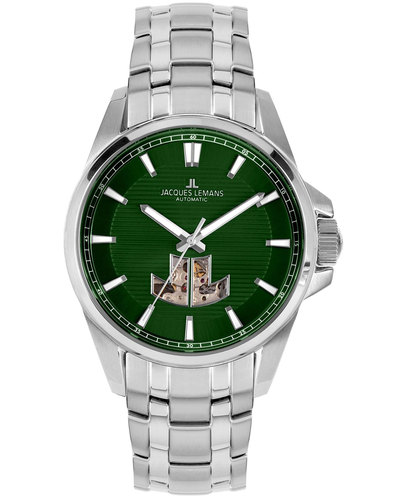 Jacques Lemans Jacques Lemans Sport 1-2209H  1-2209H механические мужские часы зеленый циферблат, браслет нержавеющая сталь — вид спереди