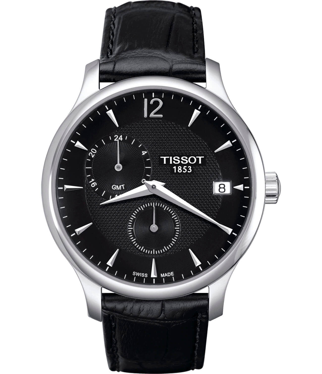 Tissot Tissot Tradition GMT T063.639.16.057.00 Tradition T0636391605700 кварцевые мужские часы черный циферблат, браслет кожаный — вид спереди