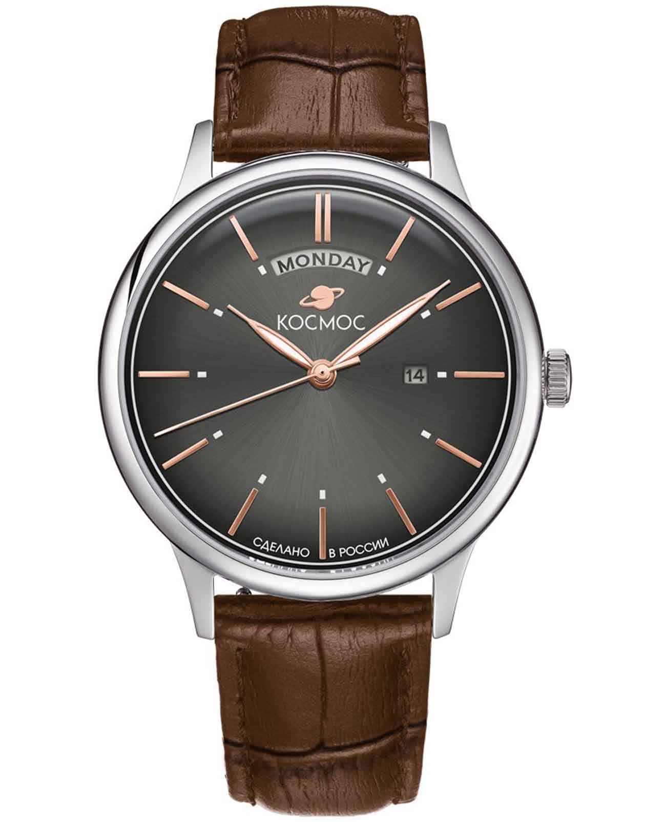 Космос Космос Орион K 011.12.34  K 011.12.34 кварцевые мужские часы антрацитовый циферблат, браслет кожаный — вид спереди