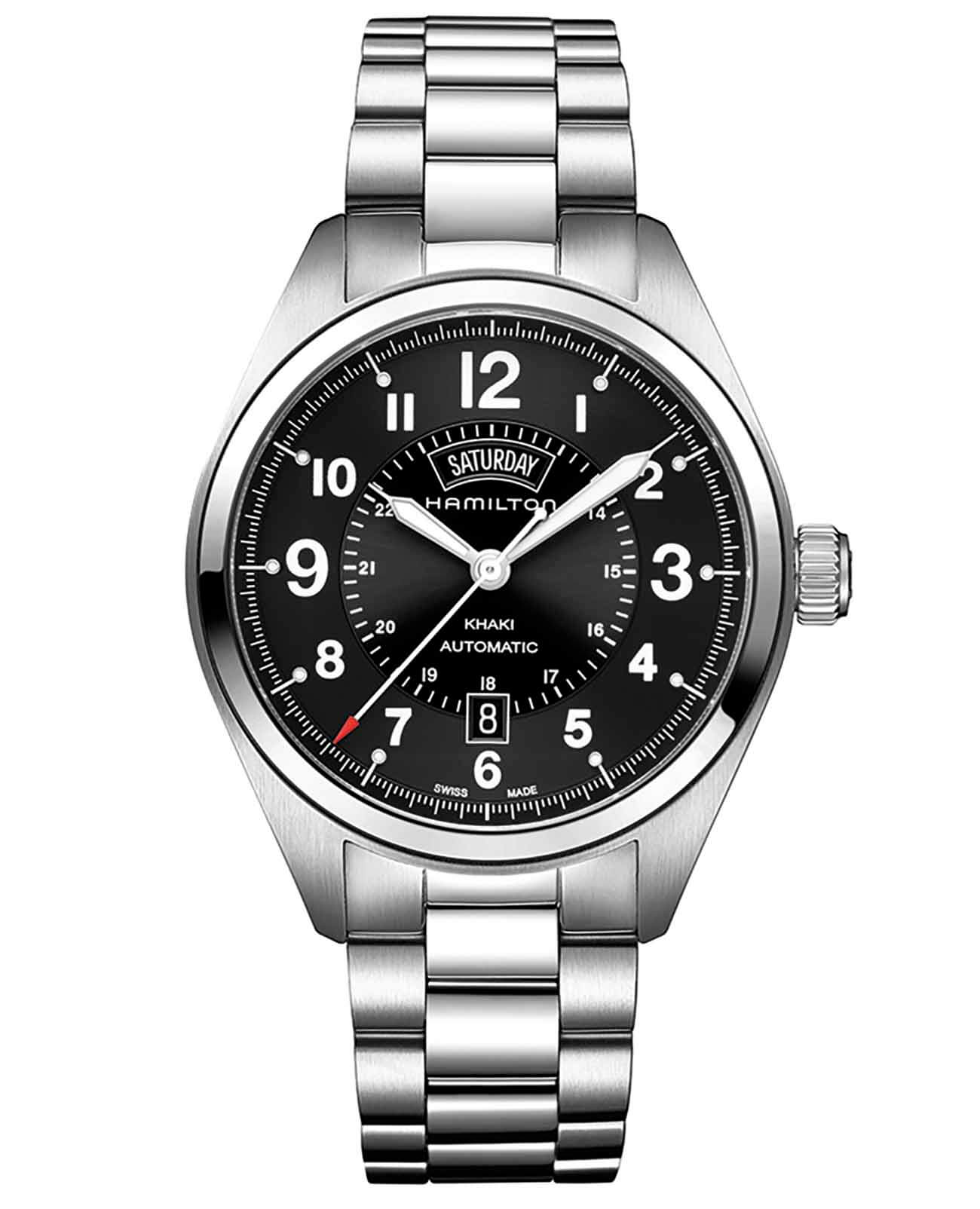 Hamilton Hamilton Khaki Field Day Date Auto H70505133  H70505133 механические мужские часы черный циферблат, браслет нержавеющая сталь — вид спереди