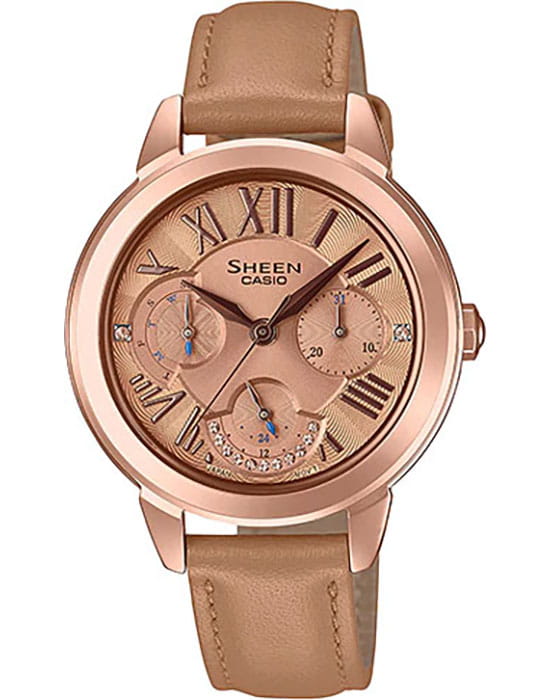Casio Casio Sheen SHE-3059PGL-5AUER  SHE-3059PGL-5A кварцевые женские часы розовый циферблат, браслет кожаный — вид спереди