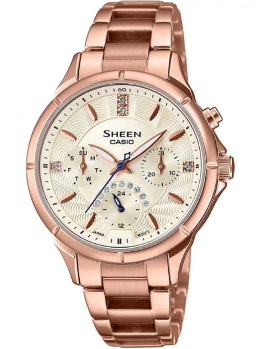 Casio Casio Sheen SHE-3047PG-9AUER  SHE-3047PG-9A кварцевые женские часы шампань циферблат, браслет нержавеющая сталь — вид спереди