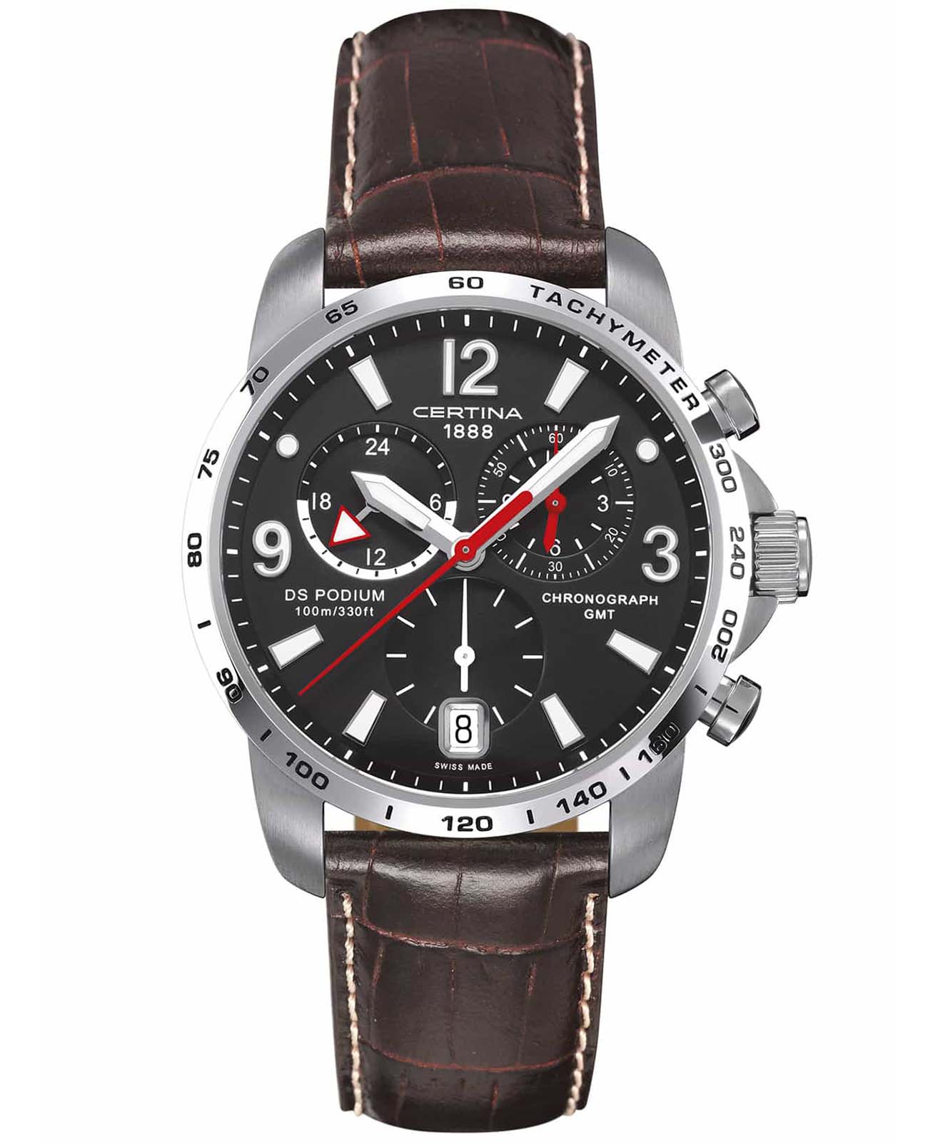 Certina Certina C001.639.16.057.00  C0016391605700 кварцевые мужские часы черный циферблат, браслет кожаный — вид спереди